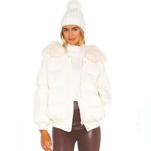 Revolve White Puffer Jacket with Faux Fur Collar